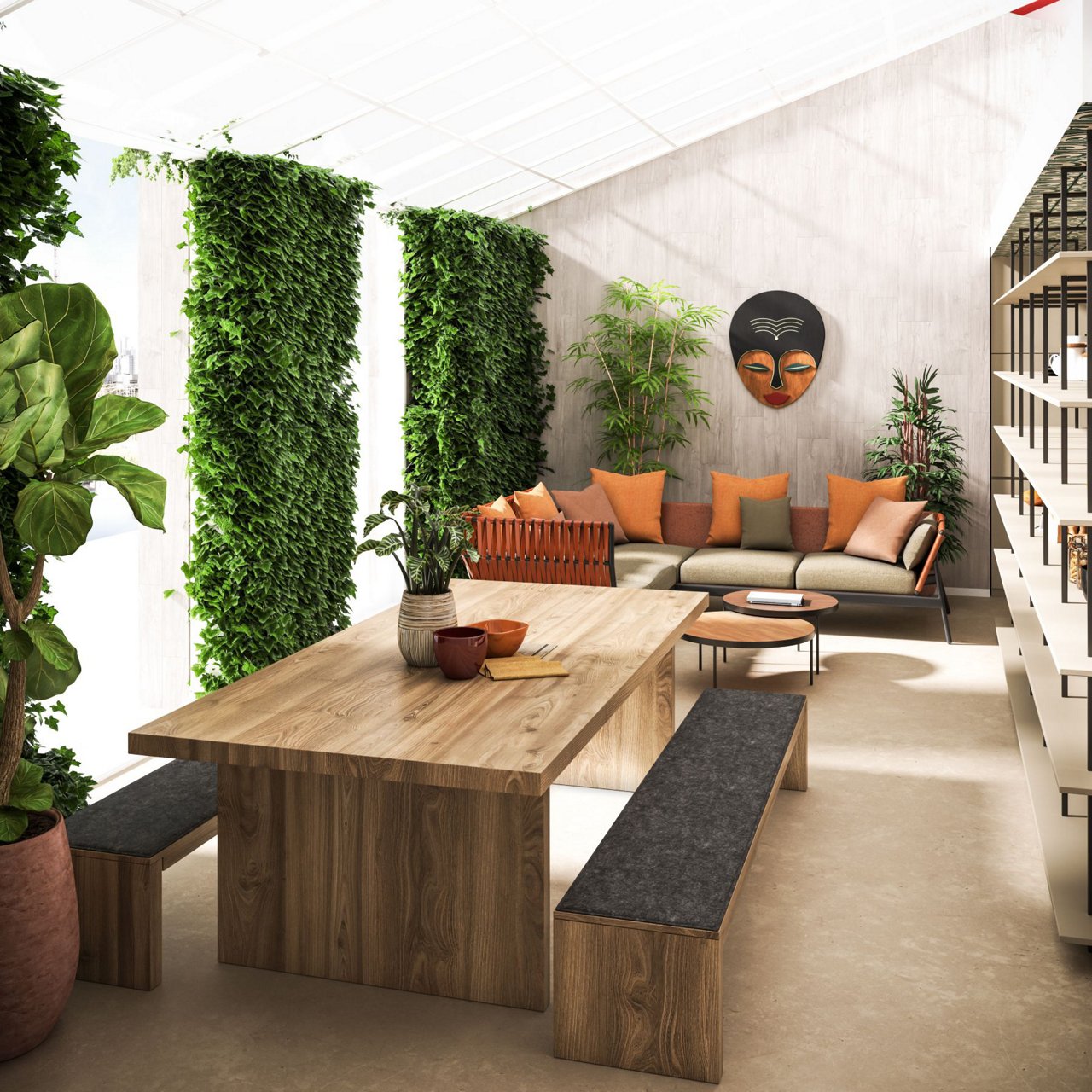 Room with wooden table, african mask hanging on the wall, lots of plants - Franke